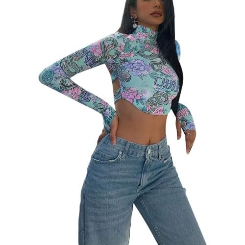 Women Close-fitting Pullover, Printed Pattern Turtleneck Long Sleeve Crop Tops, S/ M/ L/ XL