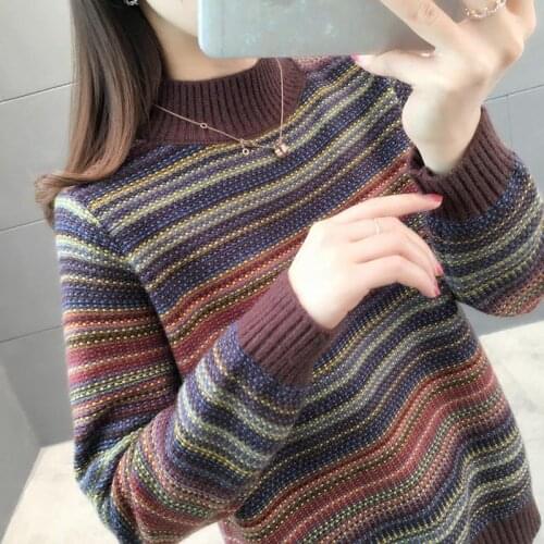 New style retro versatile half high neck Pullover Sweater womens autumn winter stripe over knit fashion average size
