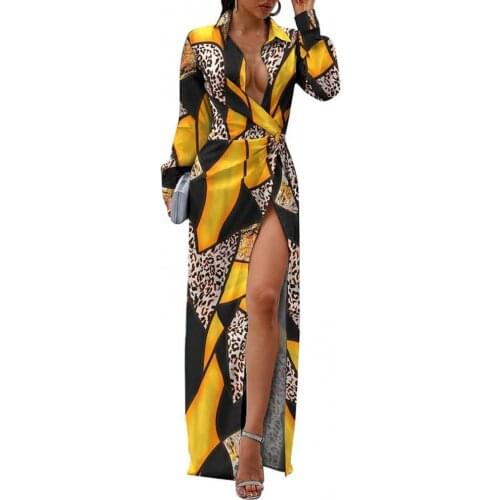 Women Sexy Printing Leopard Long Sleeve Deep V Neck High Waist Split Maxi Dress