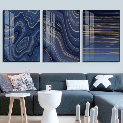 Abstract Blue Gold Stripe Canvas Art Modern Posters Prints Wall Pictures for Living Room Luxury Home Decor 3D Wall Art Paintings