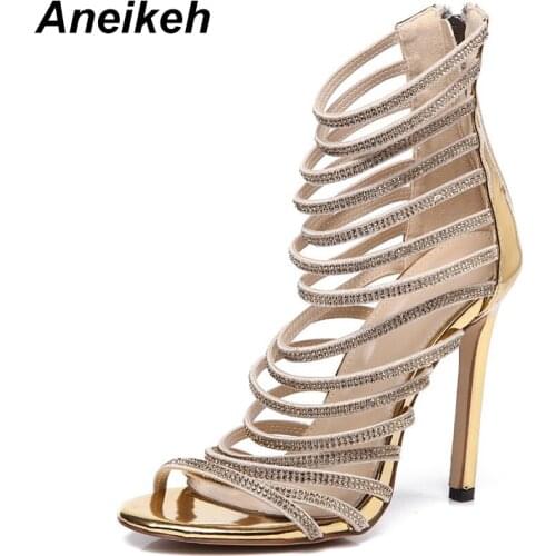 Aneikeh 2018 Summer Sexy Fashion Women Patent Leather Sandals 11.5 CM High Heels Shoes Pumps Ankle Strap Open Toe Party Sandals