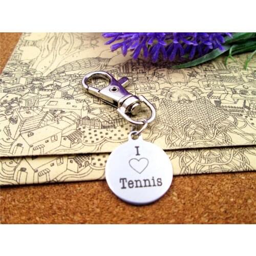 3pcs/lot high quality keychain with 20mm stainless steel circle round "I love tennis"charms keychain