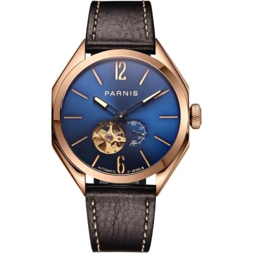 PARNIS 43mm Mens Wristwatch Gold Case Blue Dial Luminous Sapphire Crystal Leather Band Calendar Miyota Automatic Men Watches