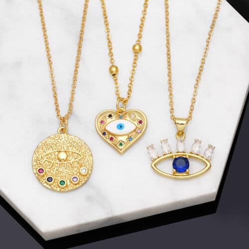 FLOLA Turkish Eye Pendant Necklace Big Woman Cubic Zirconia Turkish Gold Chain Round Necklace Long Women Jewelry Gifts nkep10
