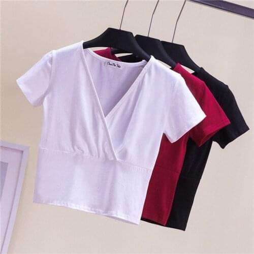 Summer Casual T Shirt Women Cotton T-shirt Tops Black V Neck Short Sleeve Woman Shirt Fashion Top Women White Tshirt Ropa Mujer