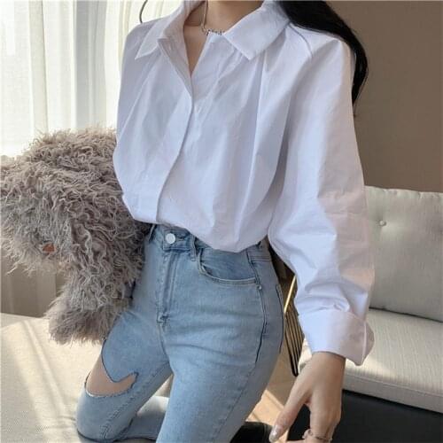 Mazefeng New 2021 Spring Summer Womens Blouse Turn-down Collar Female Single-breasted Loose Elegant Casual Wild White Tops