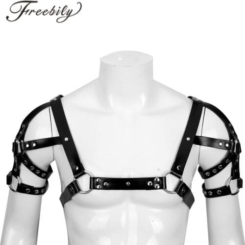 Men Fashion Sexy Lingerie Faux Leather Adjustable Chest Shoulder Harness Bondage Costume With Press Buttons For Nightclub