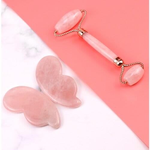 Natural rose quartz roller massage jade stone guasha board scraper face lifting beauty massage tool wrinkle facial massager