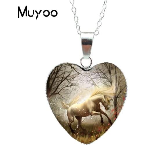 New Arrival Unicorn Art Glass Cabochon Heart Necklace Fairy Tale Pegasus Fantasy Heart Jewelry Lovely Unicorn Heart NecklacesHZ3