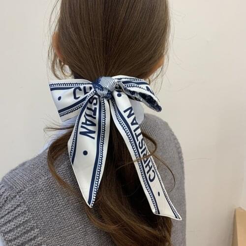 French retro small long silk scarf female streamer head rope ribbon tie hair band spring and autumn bow knot headdress small sca