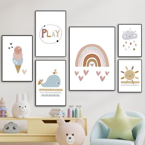 Rainbow Bridge Whale Cloud Sun Cartoon Wall Art Canvas Painting Nordic Posters And Prints Wall Pictures Girl Boy Kids Room Decor