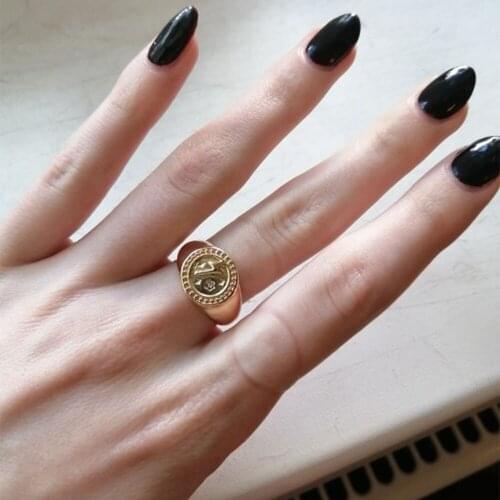 Gorgeous Gold Color Plating Hammered Effect Heart Cross Lightning Flash Engraved Rings For Women Girl Casual Vintage Chic Jewe