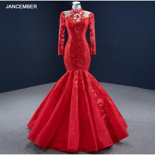 RSM67174 Red Luxury High Neck Applique Print Long Sleeve Party Dress 2021 Lace Backless Frill Evening Gown