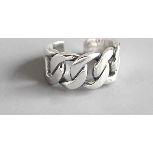 Wide Antique Thai Silver 925 Sterling Silver Open Rings Flat Chain Adjustable Finger Rings Fashion Silver Jewelry Woman man