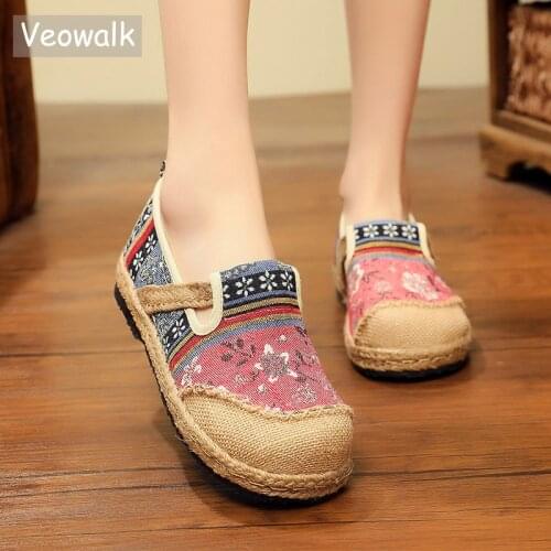 Veowalk Handmade Women Linen Cotton Slip-on Loafers Espadrilles Bohemian Embroidered Ladies Casual Flat Platform Sneakers Shoes