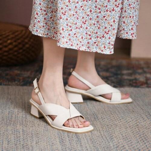 ZawsThia 2021 Summer Open Toe Buckle Strap Slingback Ladies Office Shoes Nude Color Chunky Middle Heels Fashion Women Sandals