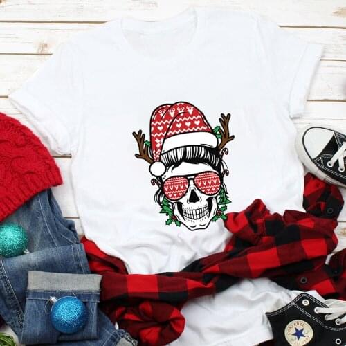 Mom Skull Christmas 100%Cotton Colored Graphic Printed Womens T Shirt Winter Funny Casual O-Neck Short Sleeve Top New Year Gift