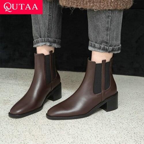 QUTAA 2022 Square Med Heel Fashion Women Shoes Genuine Leather Platform Ankle Boots Round Toe Slip On Short Boots Size 34-39