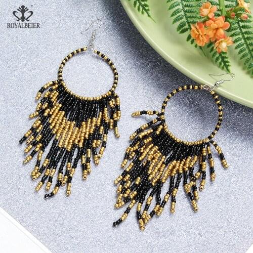 ROYALBEIER Fashion Beads Tassel Long Drop Earrings Ethnic Handmade Earrings For Women Statement Earrings Jewelry Bijoux