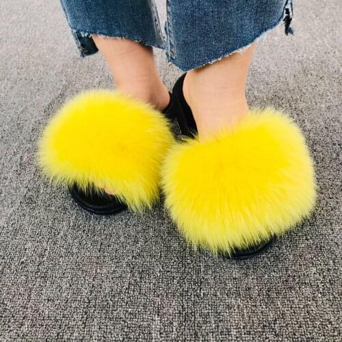 2020 Womens real fur slippers raccoon Furry Fox slipper fur slides Cute Ladies Cute Plush Sandals Flat Fluffy Shoes for Women