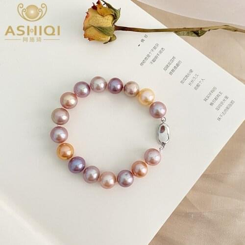 ASHIQI Big Natural Freshwater Pearl Bracelet 925 Sterling Silver Mixed color Jewelry for Women Gift