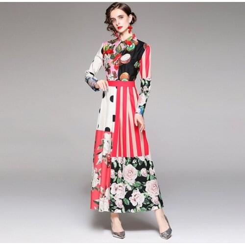 2021 autumn Fashion Designer Maxi Dress Women Vintage long Sleeve turn down collar Positioning Printed dress Vestidos