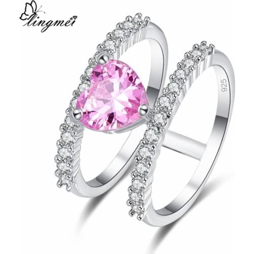 Lingmei New Heart Red & Pink White CZ Silver ColorRing Size 6-9 Romantic Wedding Women Jewelry Lovers Christmas Party