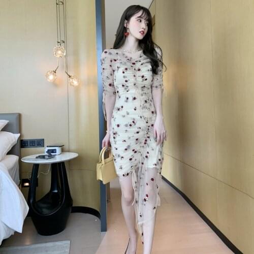 Embroidered Floral Fashion Autumn Dress for Women Clothing 2020 Half Sleeve Drawstring Ruched Dress Ladies Midi Runway Dresses