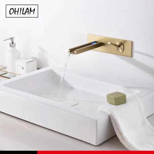 Gold Luxury Bathroom LED Sink Faucet Waterfall Wall Mount Mixer Faucet No Battery Color Changing Water Temperature Basin Faucet