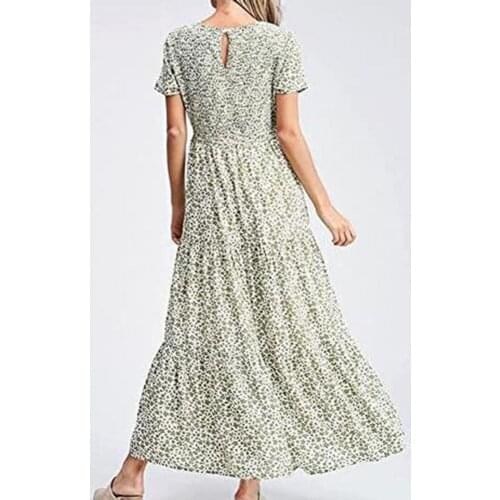 2021 Summer Women Ruffled Chiffon Short Sleeve Maxi Dress Print High Waist O Neck Women Midi Dress Sundress Sexy Vestidos