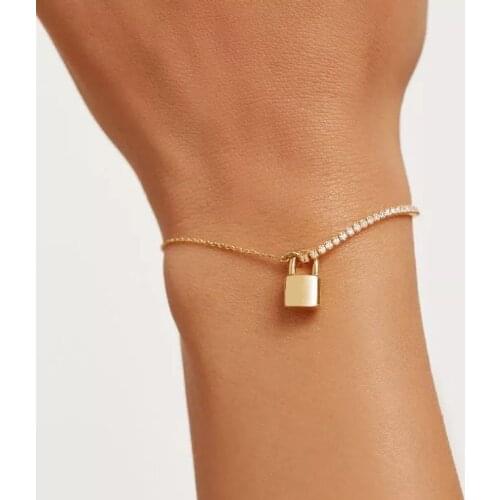 2021 Simple style delicacy cz thin tennis chain mini lock pendant bracelet for women Girl delicate Party Engagement gift jewelry