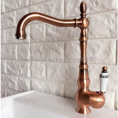 Antique Red Copper Kitchen Faucet Deck Mounted Swivel Spout Bathroom Kitchen Mixers with Hot and Cold Water Knf424