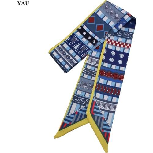 Free Shipping 95cm*5cm Geometry Triangle Printed Small Scarf Women Twill Silk Scarf Headband Long Scarves Bag Accessories Ribbon