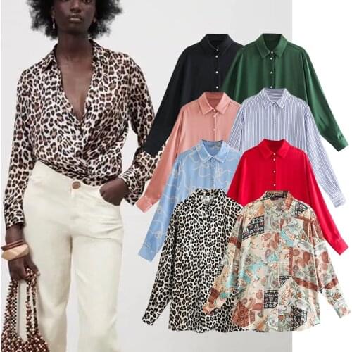 ZA Women Blouse 2021 Single Breasted Turn Down Collar Casual Leopard Printed Tops Long Sleeve Female Loose Shirts