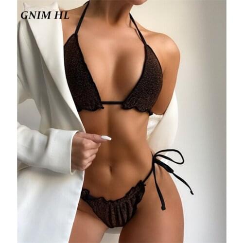 GNIM Sexy Shiny Bikini Set 2021 Ruffle Swimwear Women 2 Pieces Solid Fold Bandage Swimsuit Female Backless Bathing Suit Biquini