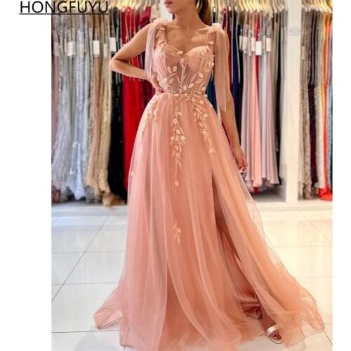 HONGFUYU Tulle A-line Peachy Blush Prom Dresses Side Slit Floral Appliques robe de soirée de mariage Evening Party Gowns Custom