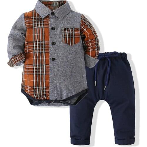 Kimocat Baby Boy Fashion Suit, Plaid Stitching Long-Sleeved Jumpsuit Shirt + Casual Trousers Spring 2-Pce Sets 6 Months-3 Years
