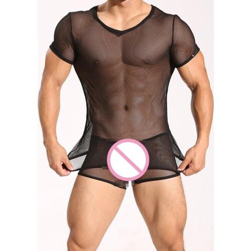 Top & Boxer Set / Transparent Mesh Shirts Underwear Tight Singlet Gay Thin Shapewear Top Tees & Boxer Night Club Erotic Lingerie