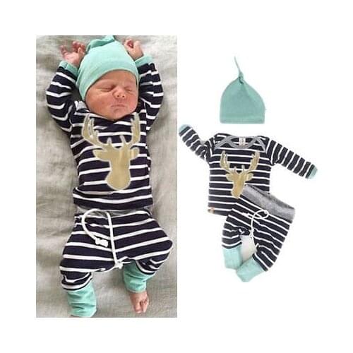 Baby Boy Girl Autumn Outfit Clothes Newborn Kids Striped Tops+ Blue Striped Pants +Hats 3PCS Set