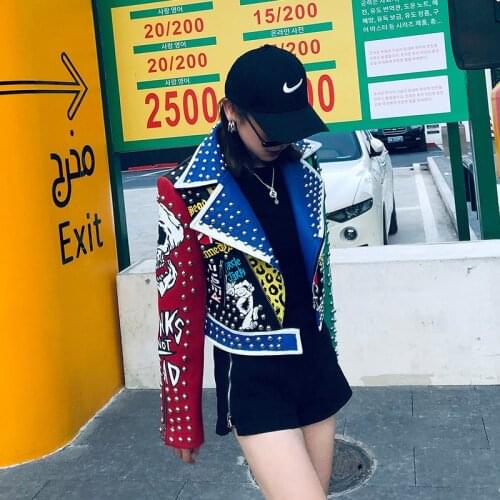 Autumn Punk Graffiti Faux Leather Jacket Women Rock Zipper Rivet Crop Motorcycle Biker Jackets Female Streetwear Short PU Coat