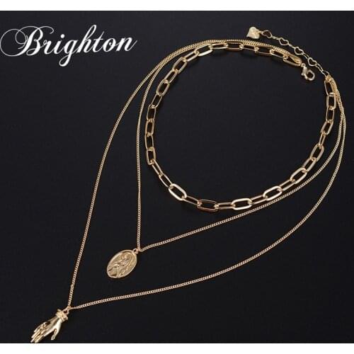 Brighton Multi Layer Metal Necklace For Women Punk Hand Portrait Pendants Link O Chain Party Gift collares de moda 2021
