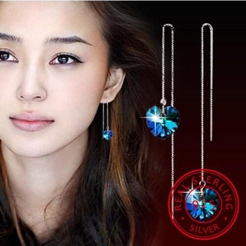 New Fashion 925 Sterling Silver Earrings For Women Blue Crystal Heart Long Tassel Earrings sterling-silver-jewelry