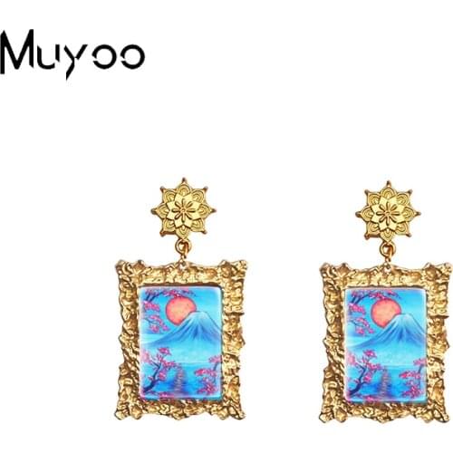 New Vintage Painting Moon and Blossom Flowers Mandala Stud Handmade Rectangle Glass Cabochon Dangle Earrings