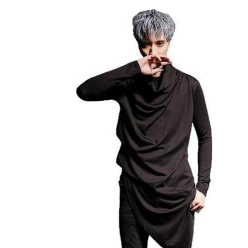 Autumn DJ singer nightclub hip hop long sleeve t shirt irregular hem gothic streetwear men harajuku punk rock long tee shirts