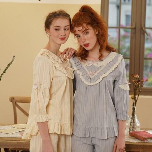 Pajama Woman Spring Autumn 100% Cotton Lady Long Sleeve Royal Cotton Lovely Bowknot Princess Palace Style Casual Sleepwear 2PCS