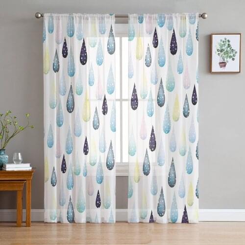 Watercolor Style Raindrop Pattern Sheer Curtains for Girl Kids Bedroom Kitchen Window Drapes Curtain Home Decoration