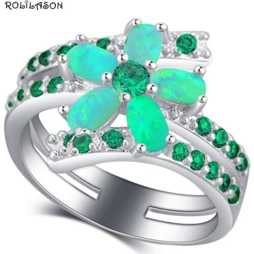 ROLILASON Latest Design Flower Style Green Fire Opal Silver Green Zircon Fashion Jewelry Ring USA size #5#6#7#8#9#10 OR878