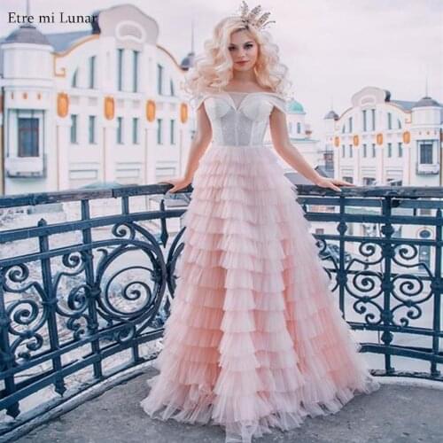 Dubai Pink A-line Lace Evening Dresses 2020 Off shoulder Handmade Tiered Formal Dress LE40829