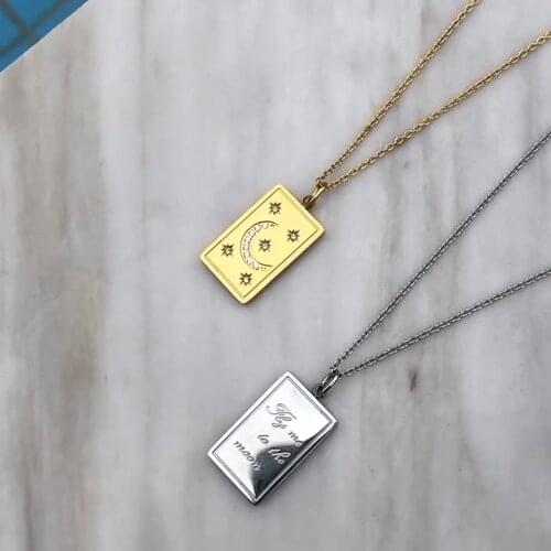 Hot Double Side Pattern Star Moon Embrace Square Pendant 18k Gold Chain Silver Necklaces for Women Stainless Steel Women Jewelry