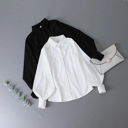 Lantern Sleeves Vintage Shirts Women White Womens Blouse with A Fluffy Sleeve 2021 Fashion Button Up Shirt Black Tops